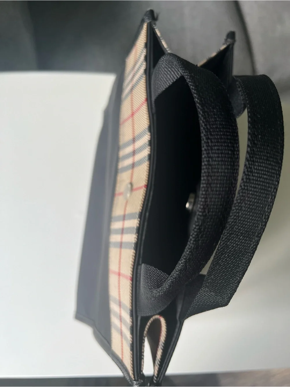 Burberry Black Canvas Tote with Beige Plaid Trim - Handheld Bag